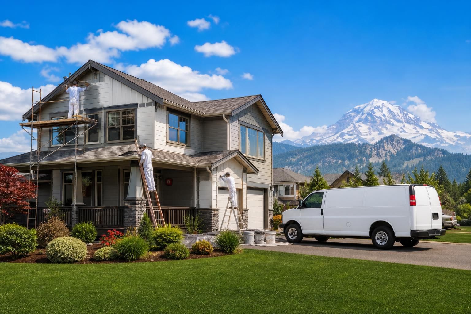 Professional painters working on a 2-story craftsman home with Mount Rainier in the background