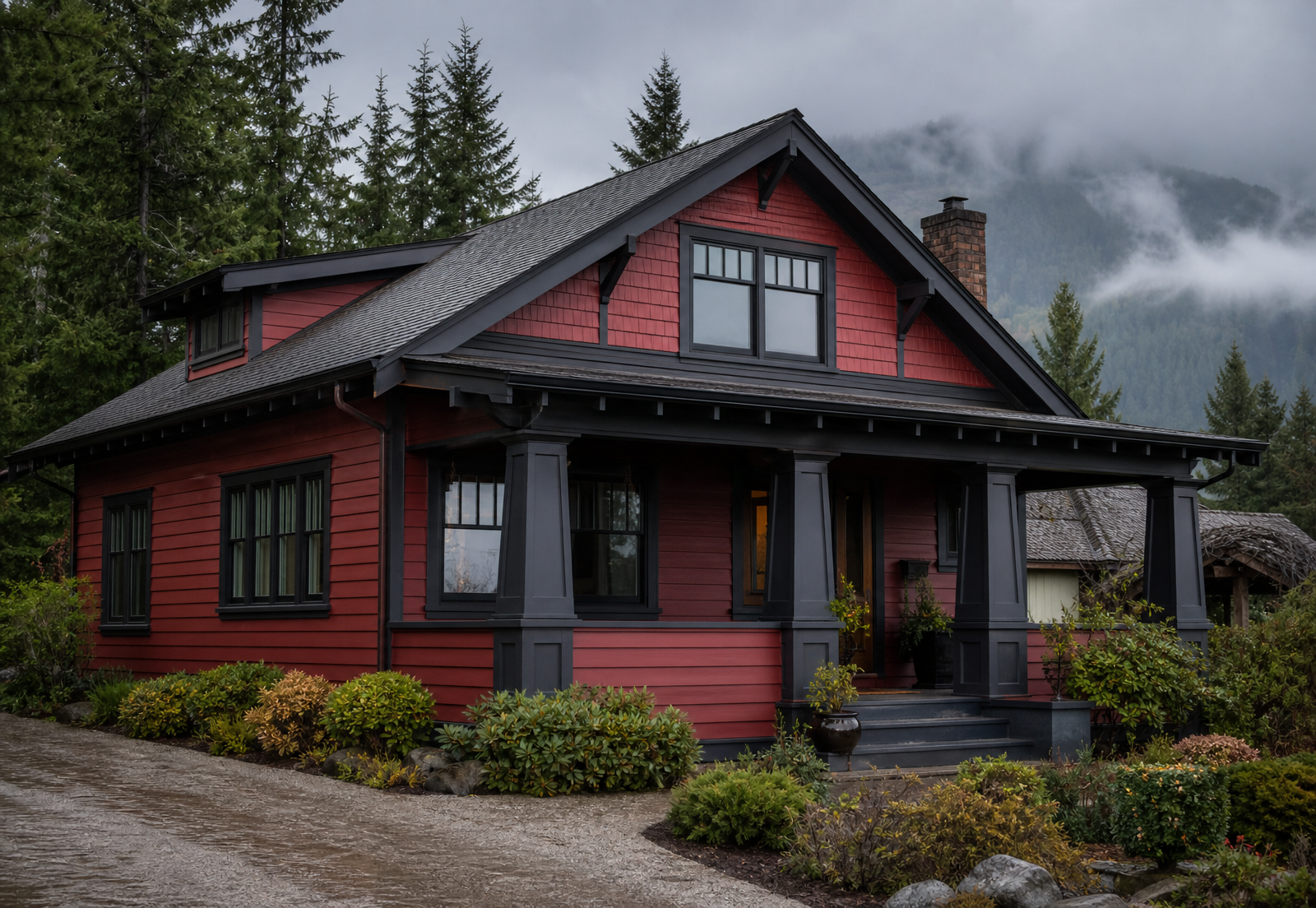 Pacific Northwest craftsman home with durable exterior paint finish, evergreen trees and mountain backdrop